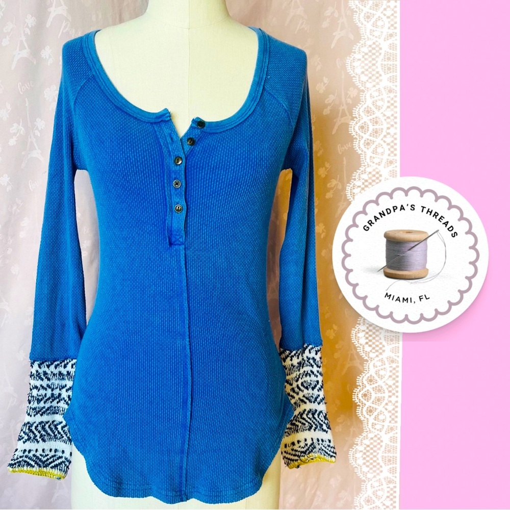 Free People Apres Ski Blue Waffle Knit Long Sleeve Button Front Layering Shirt